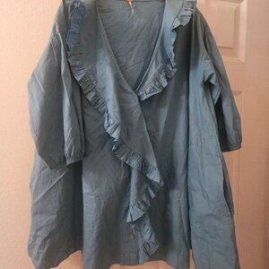 Free People cotton blue boho puff sleeve pockets mini dress tunic oversized S